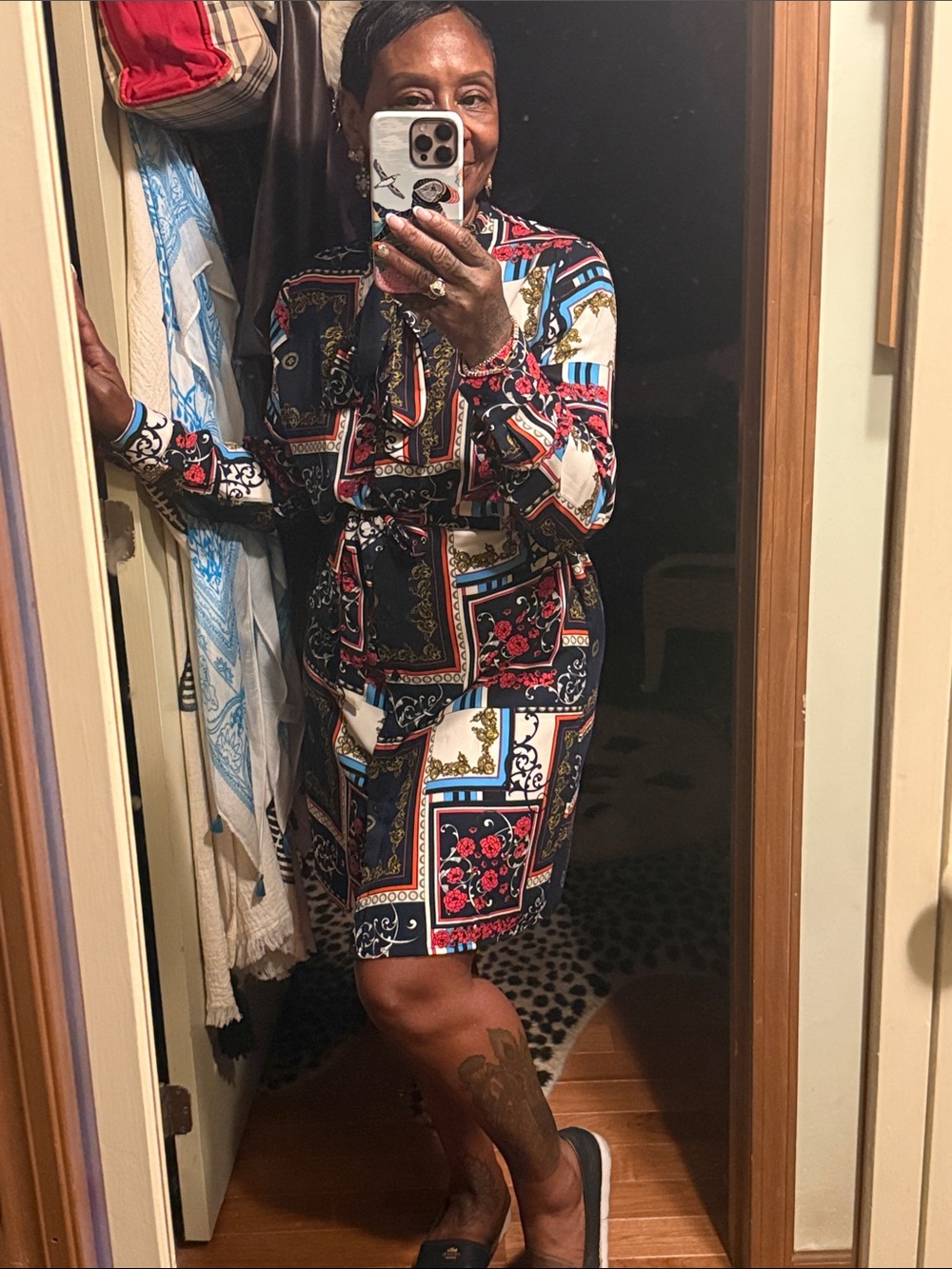 Women's Printed Tie-Waist Shirt Dress - Navy, Red & White